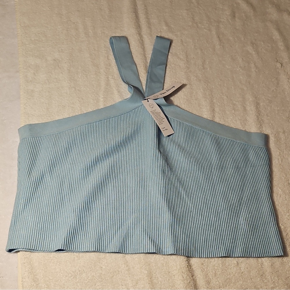 The Drop Light Blue Ribbed Knit Halter Cropped Sleeveless Crop Top Size 3X Plus